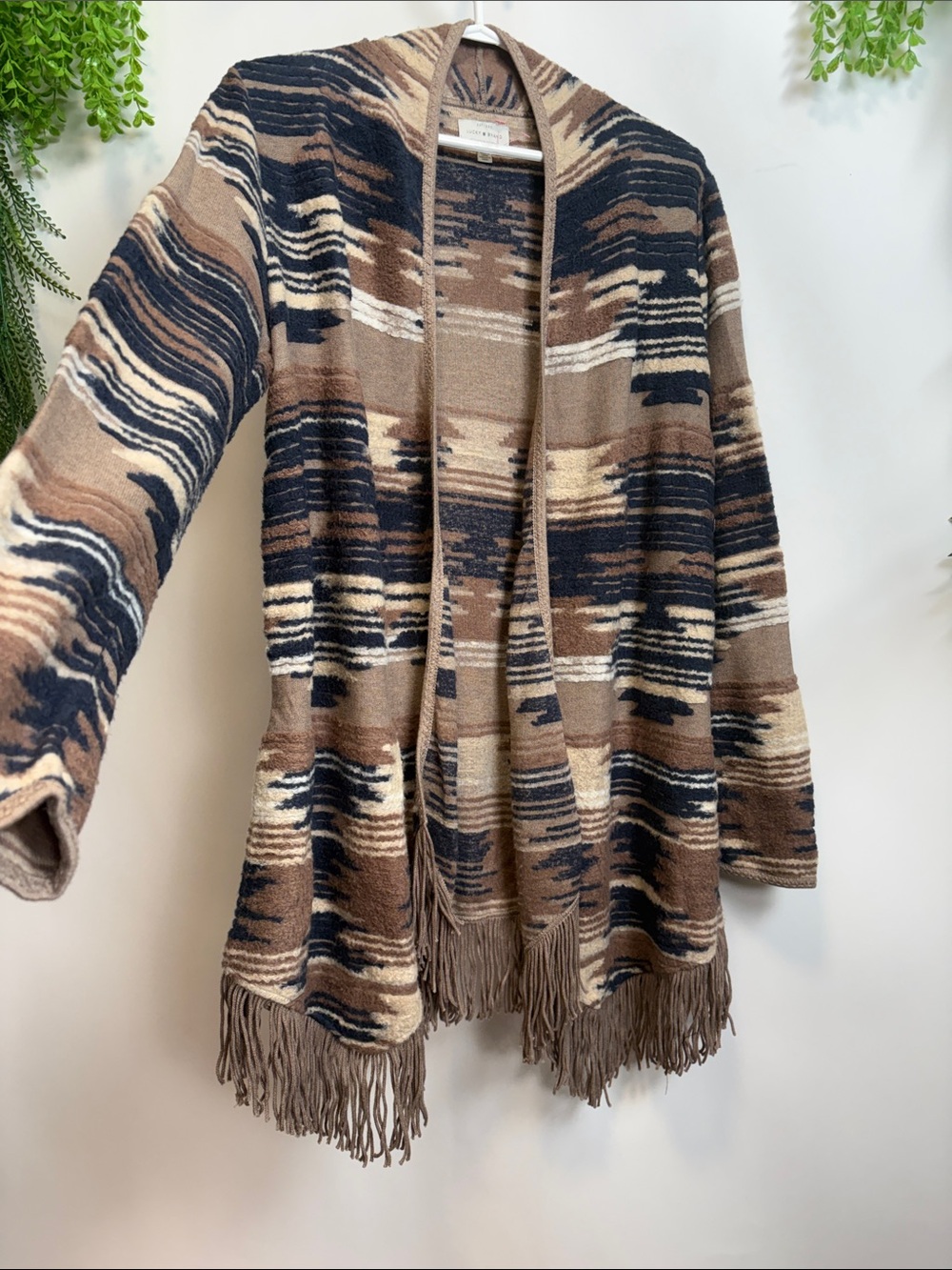 Lucky Brand Brown, Black & Cream Patterned Fringe Cardigan